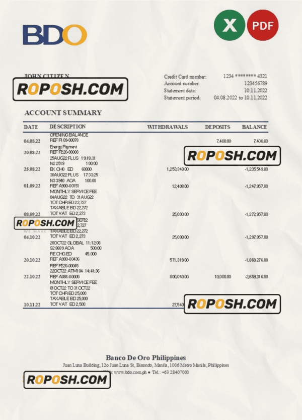 Philippines BDO bank statement Excel and PDF template