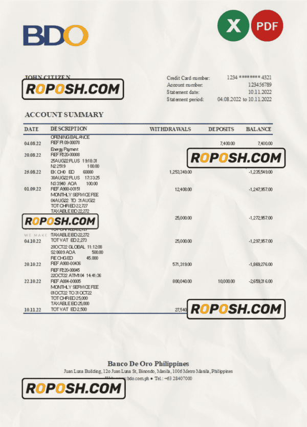 Philippines BDO bank statement Excel and PDF template