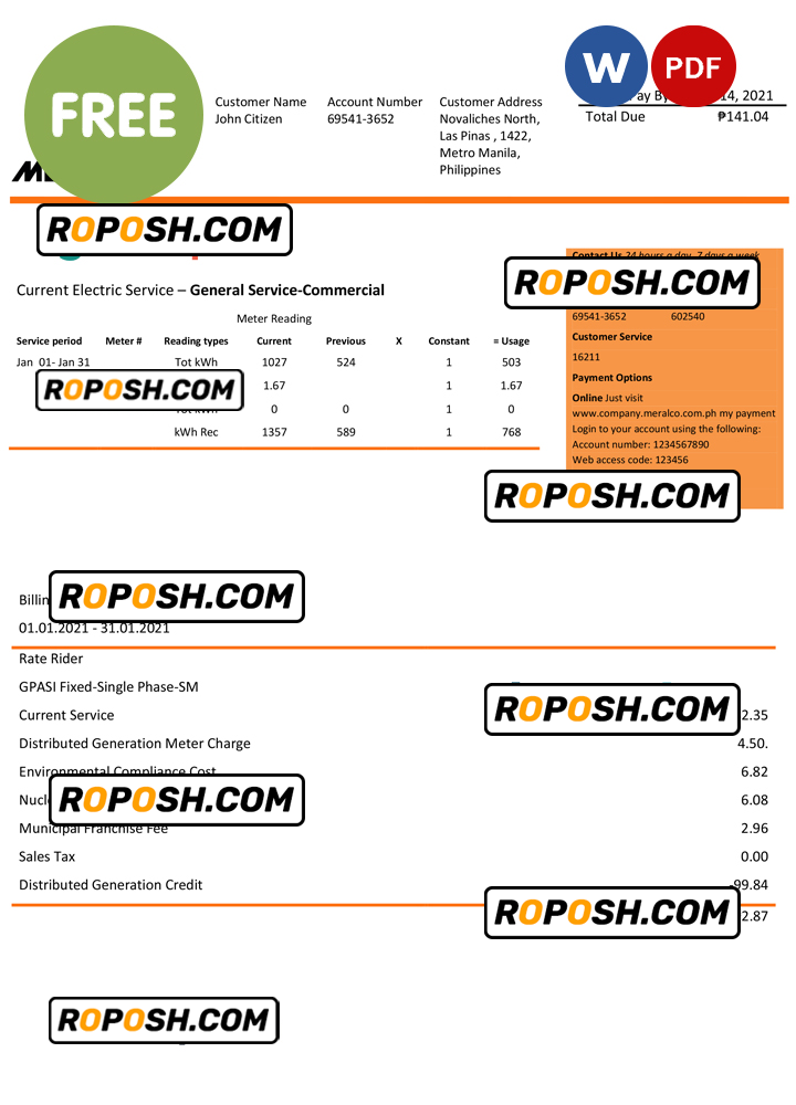 Philippines Manila Electric Company (Meralco) electricity utility bill Word and PDF template