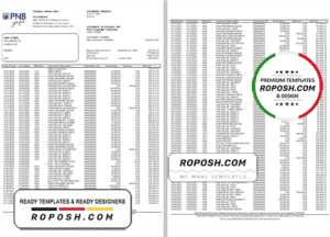Philippines PNB bank statement template in Excel and PDF format (4 pages)