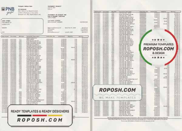 Philippines PNB bank statement template in Excel and PDF format (4 pages)