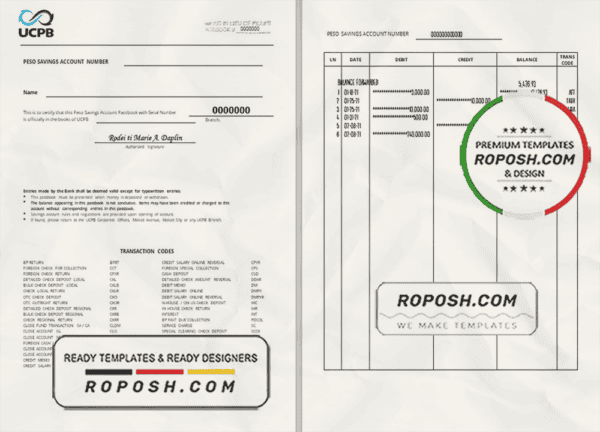 Philippines The United Coconut Planters Bank (UCPB) passbook template in Word and PDF format