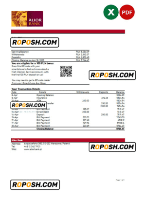 Poland Alior bank statement Excel and PDF template