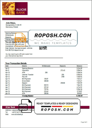 Poland Alior bank statement template in Word and PDF format