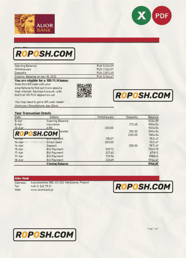 Poland Alior bank statement Excel and PDF template