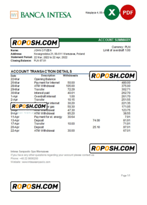 Poland Banca Intesa bank statement Excel and PDF template