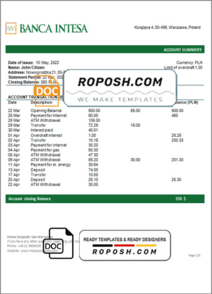 Poland Banca Intesa bank statement template in Word and PDF format