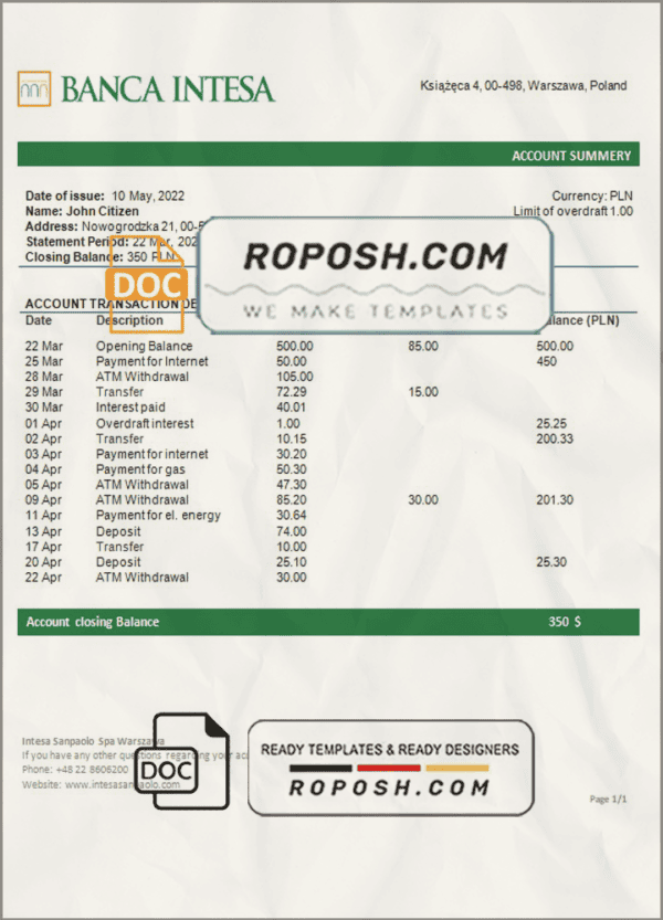 Poland Banca Intesa bank statement template in Word and PDF format
