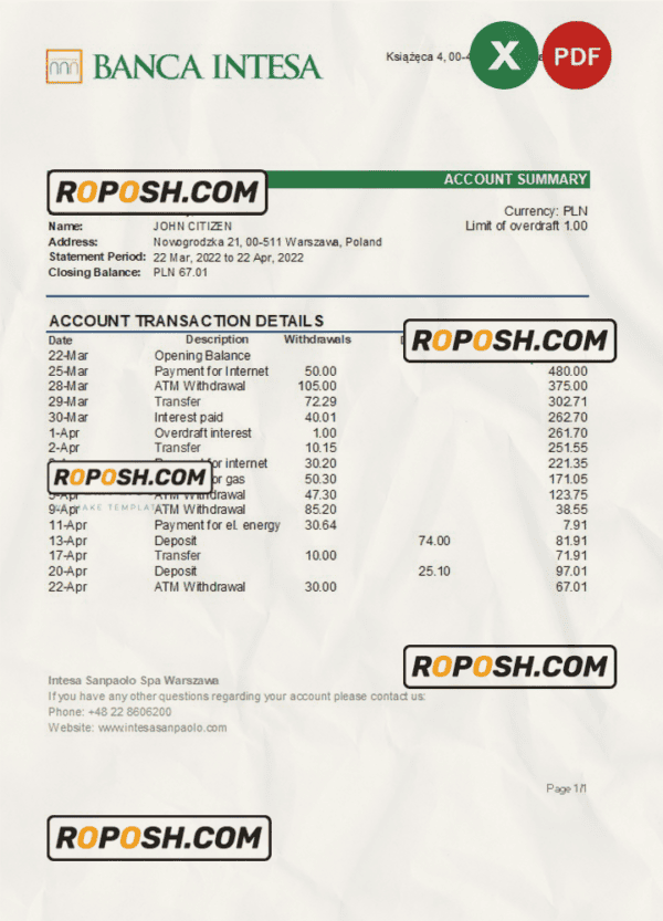 Poland Banca Intesa bank statement Excel and PDF template