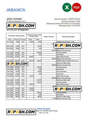 Portugal Abanca bank statement Excel and PDF template
