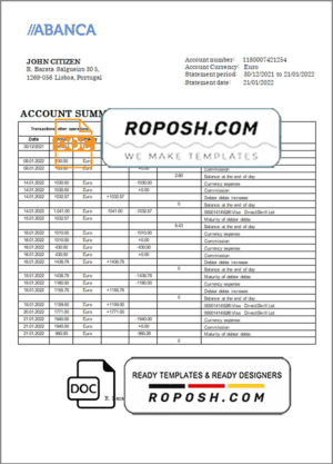 Portugal Abanca bank statement in Word and PDF format