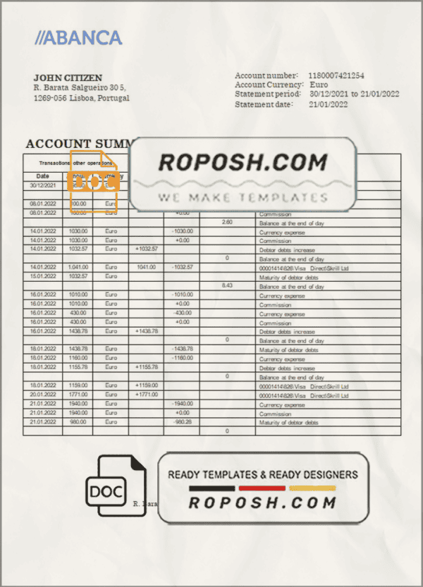Portugal Abanca bank statement in Word and PDF format