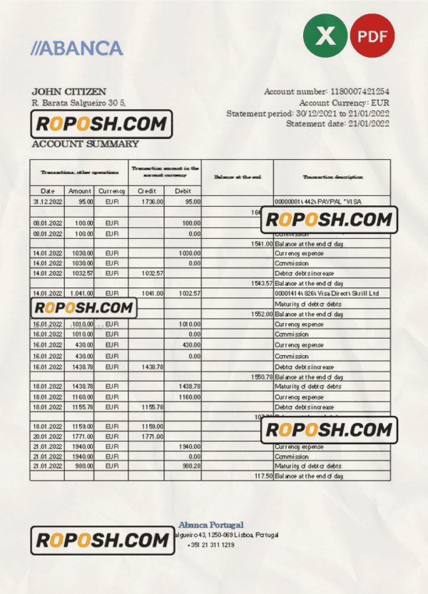 Portugal Abanca bank statement Excel and PDF template