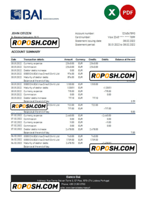 Portugal Banco BAI Europa bank statement Excel and PDF template