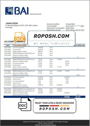 Portugal Banco BAI Europa bank statement in Word and PDF format