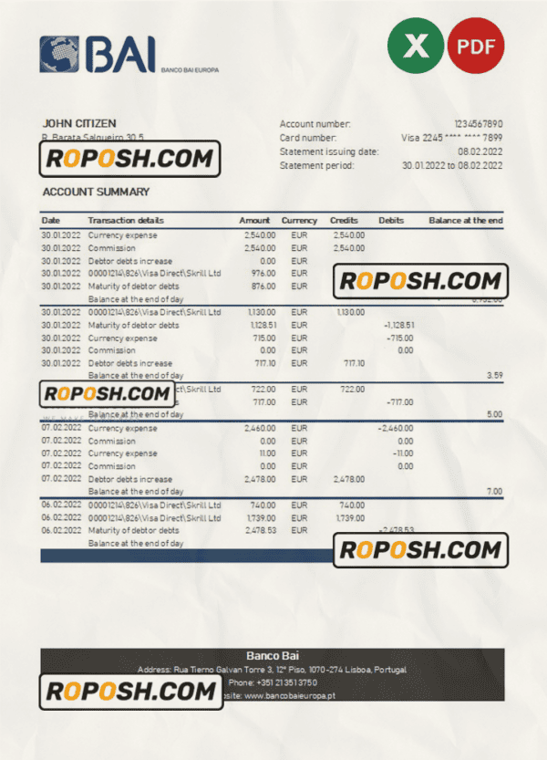 Portugal Banco BAI Europa bank statement Excel and PDF template