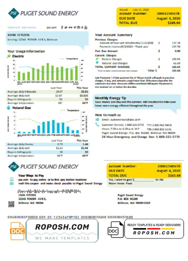 USA Washington Puget Sound Energy utility bill template in Word and PDF format