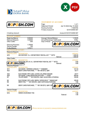 Qatar Doha bank statement, Excel and PDF template