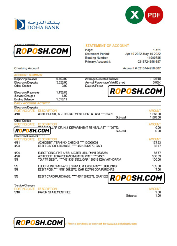 Qatar Doha bank statement, Excel and PDF template
