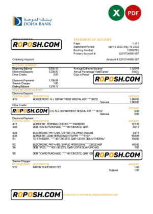 Qatar Doha bank statement, Excel and PDF template