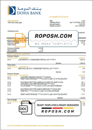 Qatar Doha Bank statement template in Word and PDF format