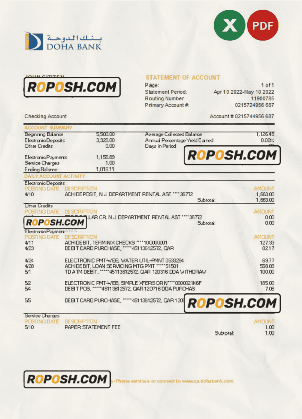 Qatar Doha bank statement, Excel and PDF template
