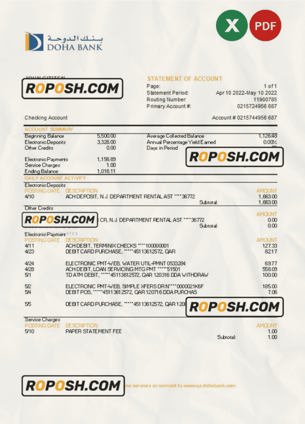 Qatar Doha bank statement, Excel and PDF template