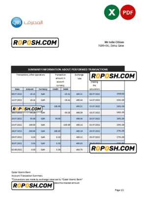 Qatar Islamic bank statement, Excel and PDF template