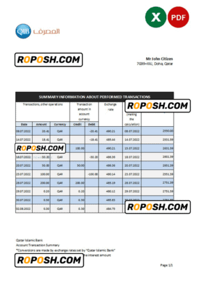 Qatar Islamic bank statement, Excel and PDF template