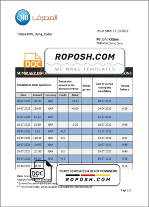 Qatar Qatar Islamic Bank statement template in Word and PDF format