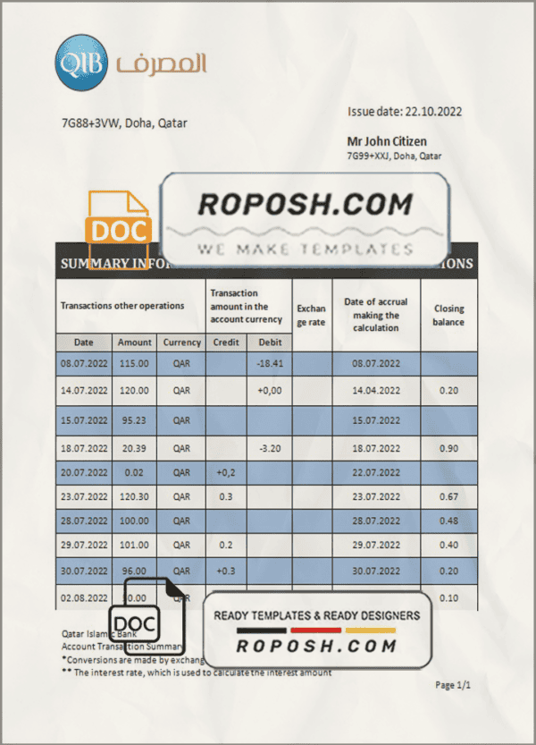 Qatar Qatar Islamic Bank statement template in Word and PDF format