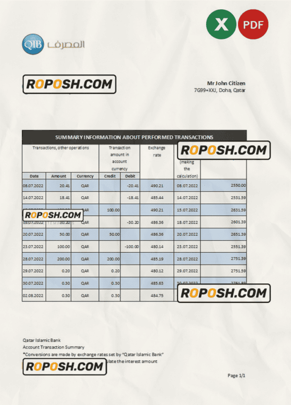 Qatar Islamic bank statement, Excel and PDF template