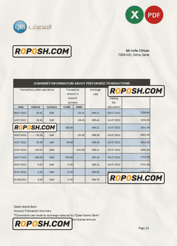 Qatar Islamic bank statement, Excel and PDF template