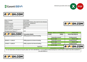 Romania Garanti BBVA bank statement, Excel and PDF template