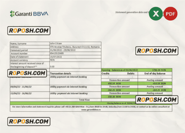 Romania Garanti BBVA bank statement, Excel and PDF template