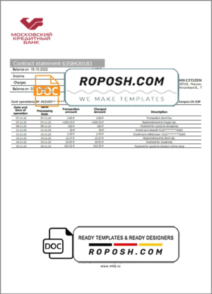 Russia Credit Bank of Moscow bank proof of address statement template in Word and PDF format