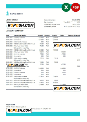 Russia Zenit bank statement, Excel and PDF template