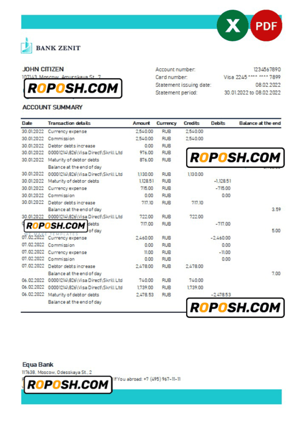 Russia Zenit bank statement, Excel and PDF template