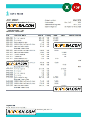Russia Zenit bank statement, Excel and PDF template
