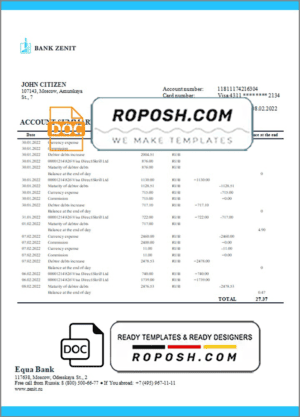 Russia Zenit Bank bank proof of address statement template in Word and PDF format