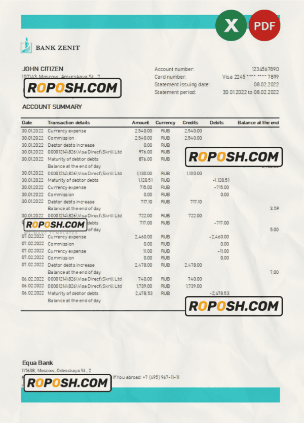 Russia Zenit bank statement, Excel and PDF template