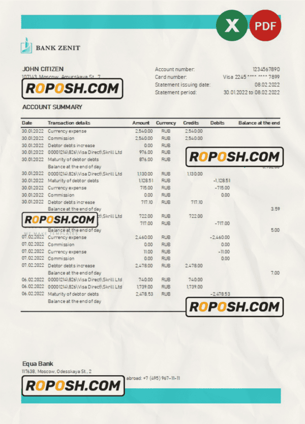 Russia Zenit bank statement, Excel and PDF template