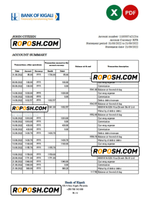Rwanda Bank of Kigali bank statement, Excel and PDF template
