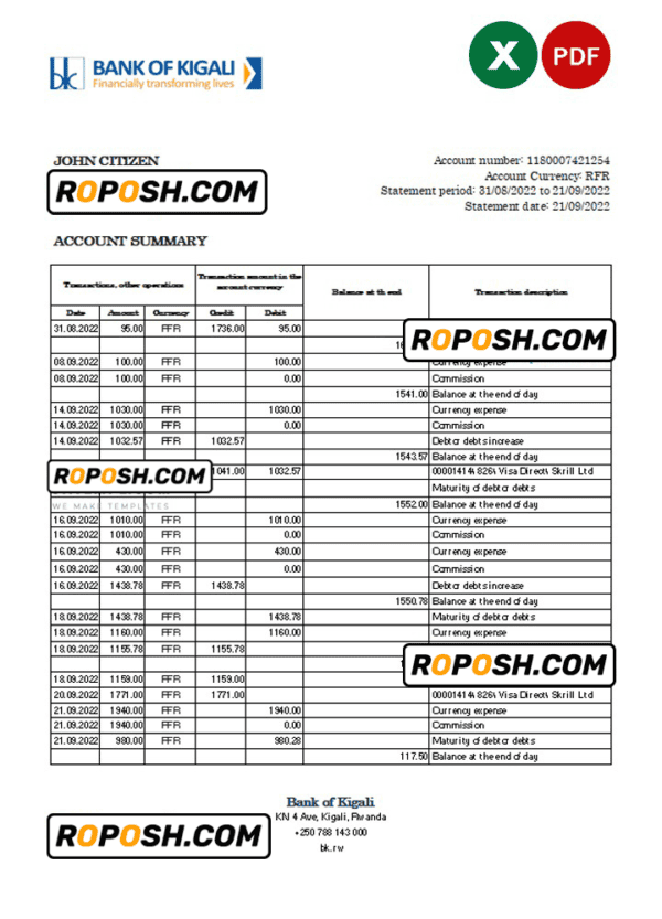 Rwanda Bank of Kigali bank statement, Excel and PDF template