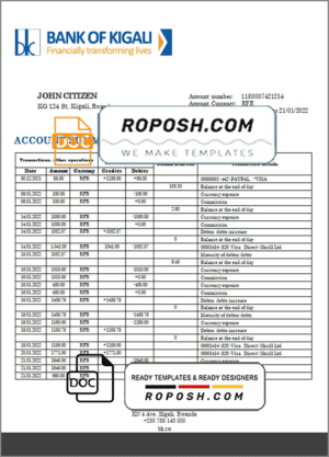 Rwanda Bank of Kigali bank proof of address statement template in Word and PDF format