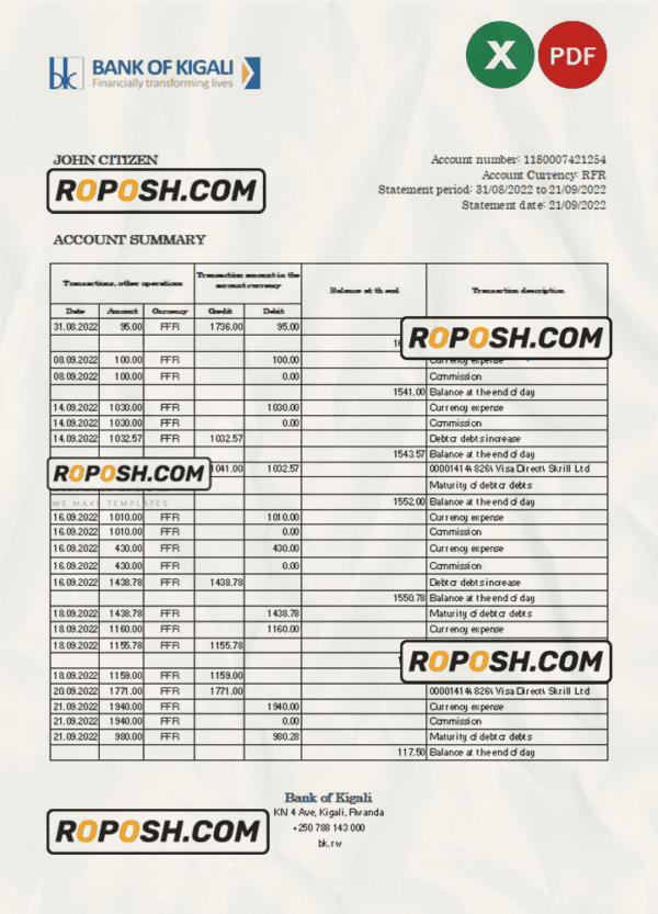 Rwanda Bank of Kigali bank statement, Excel and PDF template