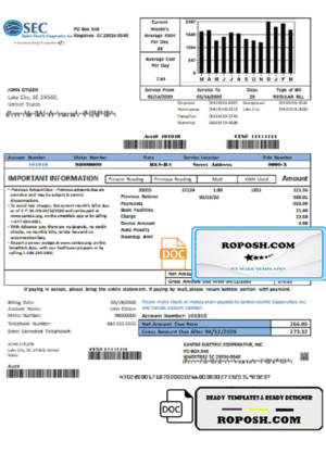 USA South Carolina Santee Electric Cooperative (SEC) proof of address utility bill template in Word and PDF format