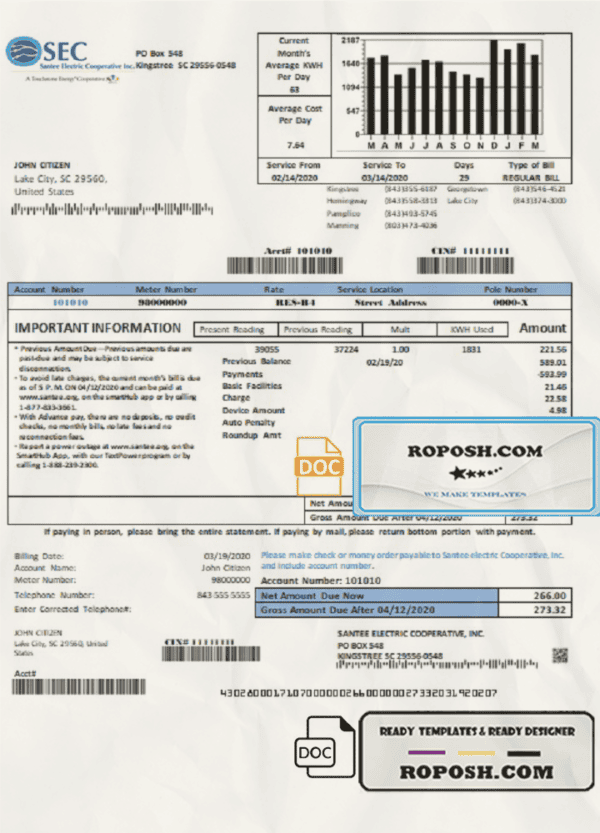 USA South Carolina Santee Electric Cooperative (SEC) proof of address utility bill template in Word and PDF format