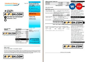 United Kingdom Sainsbury’s Energy (British Gas) bill, Word and PDF template, 3 pages