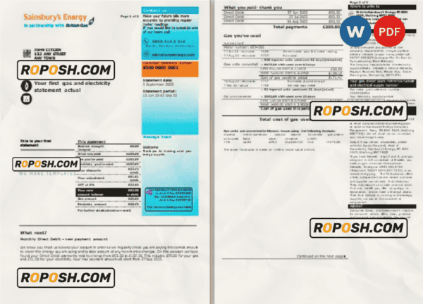 United Kingdom Sainsbury’s Energy (British Gas) bill, Word and PDF template, 3 pages